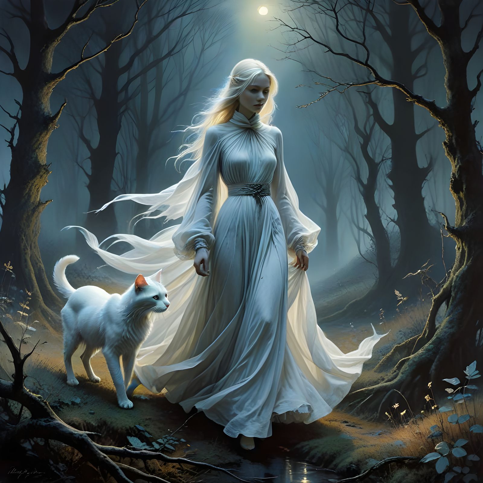 Ethereal Cat Walks with a Grieving Woman in Cyberpunk Style