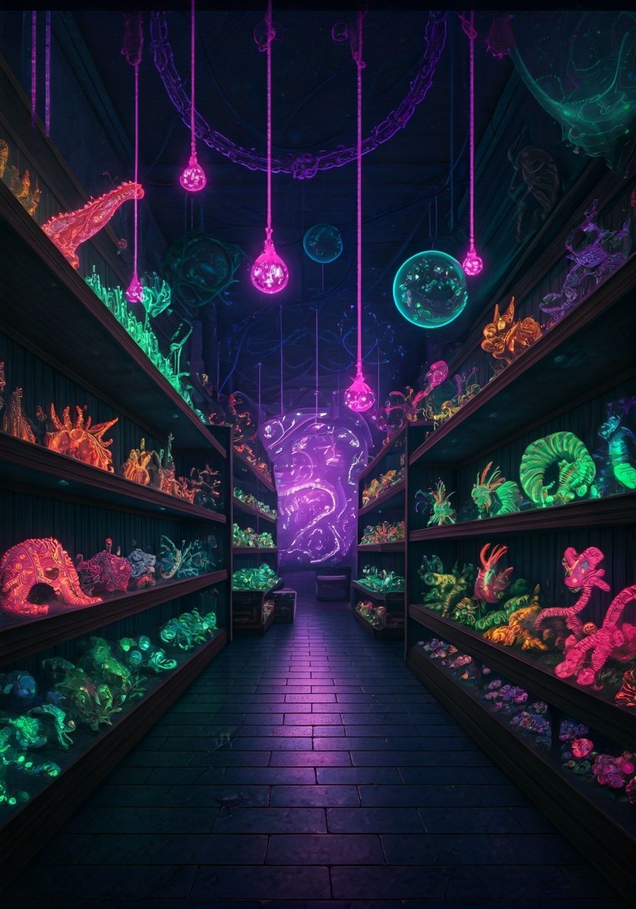 Intergalactic Pet Store with Alien Creatures in Retro Sci-Fi...