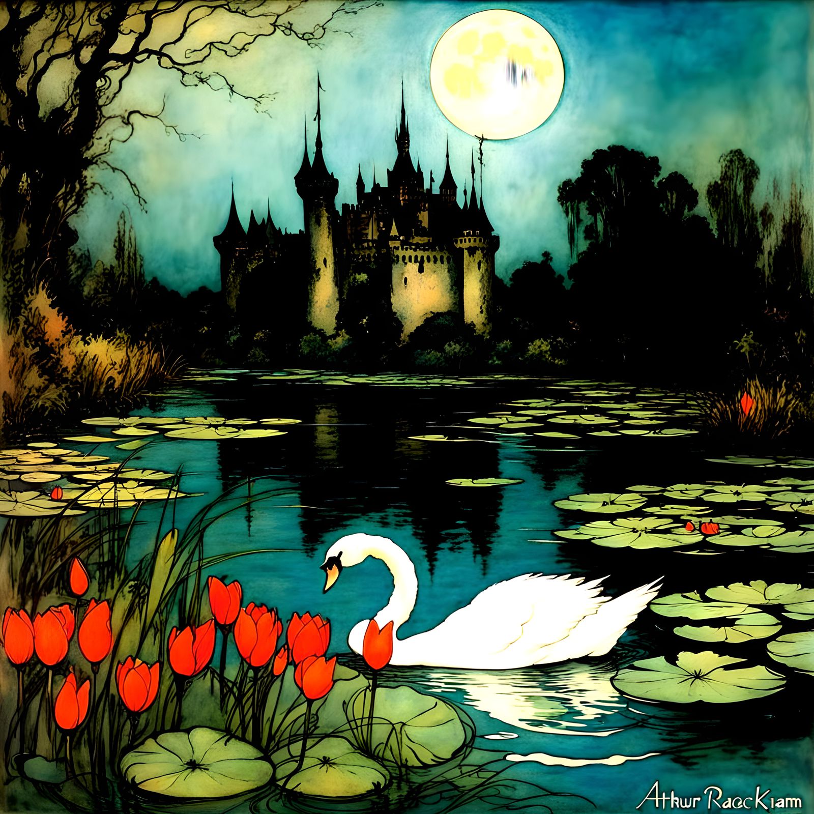 Swan lake, black swan, lake, water lillies, moon, castle, by...