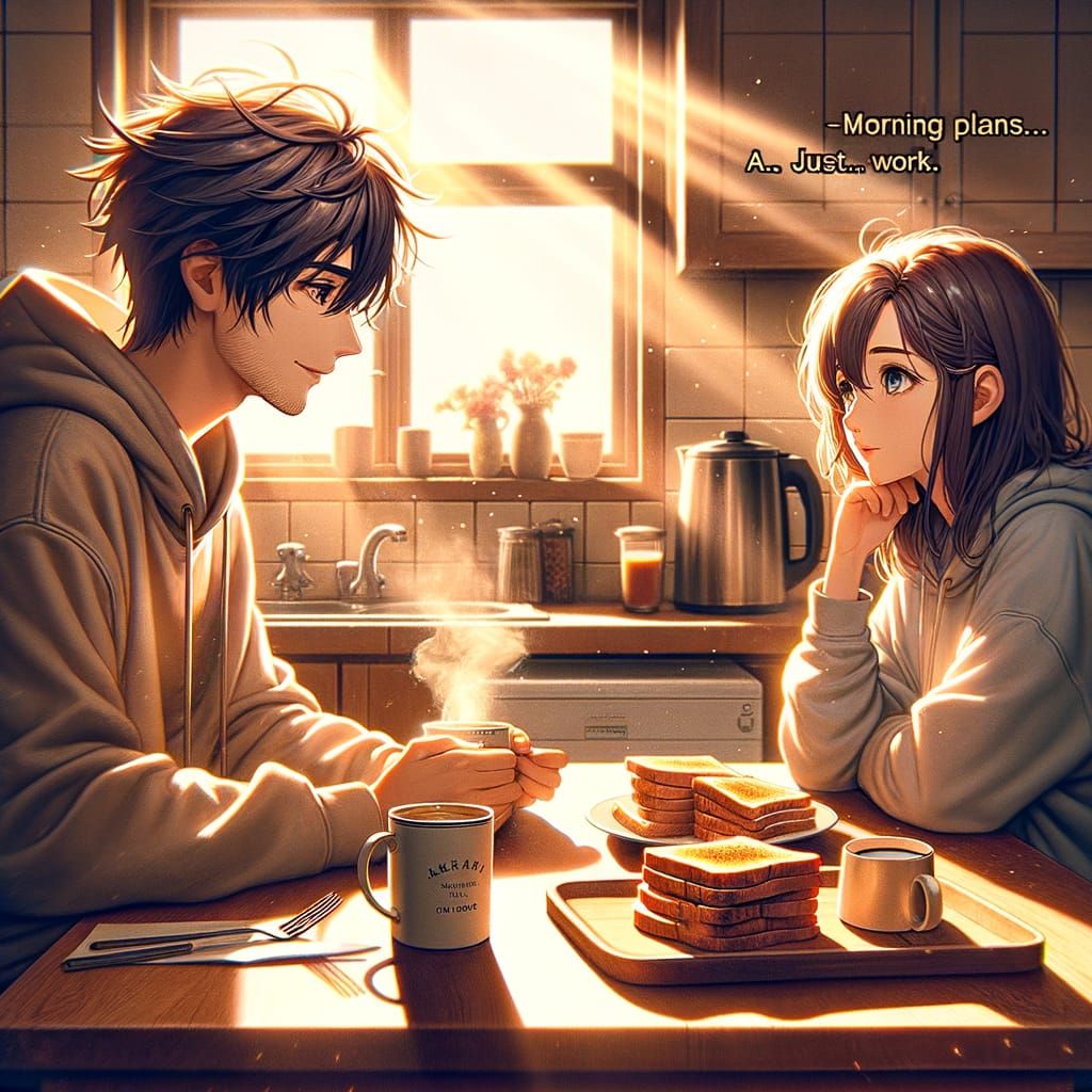 Cinematic Anime Morning Kitchen Scene with Subtle Tension