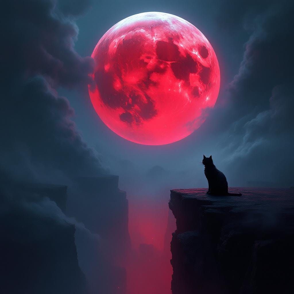 Eerie Black Cat Under Red Moon: Digital Art