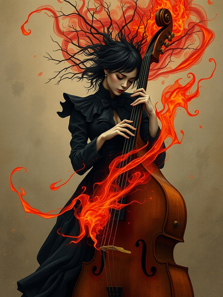 Fiery Bass Player in Art Nouveau Style