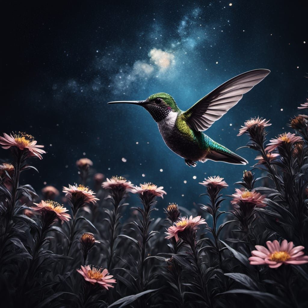 Vibrant Hummingbird in a Kaleidoscope of Flowers