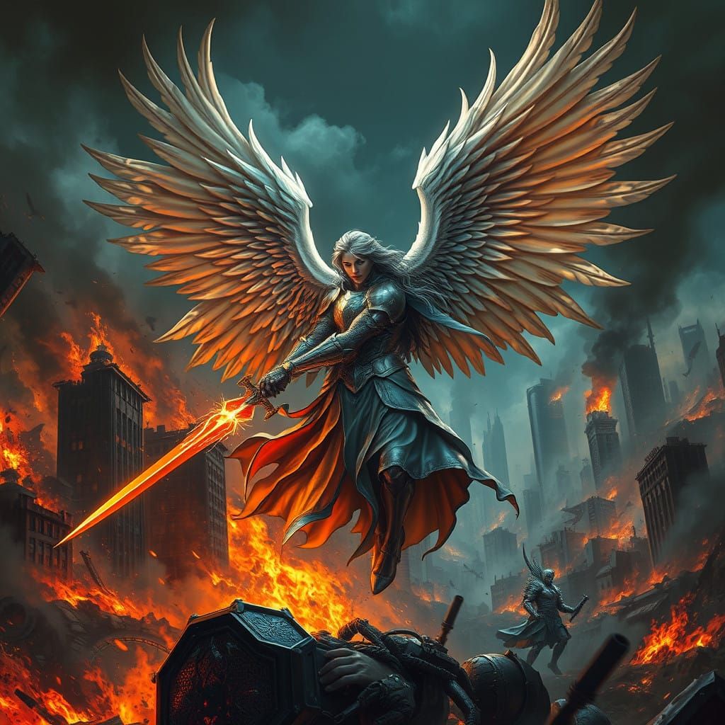 Majestic Angel Wields Sword in Epic Combat Scene