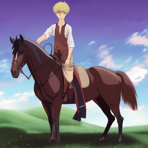 Man with Enormous Horse in Anime Style
