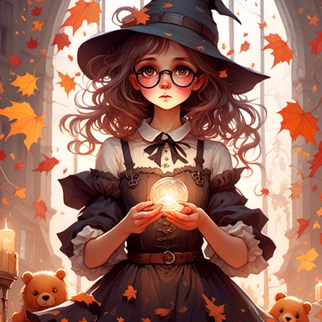 Cute Witch Girl Casting Spell in Aquarelle Style