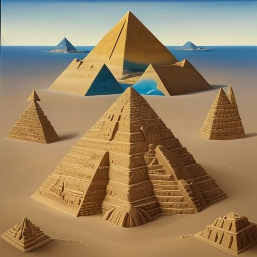 Surreal Sand Creatures Constructing Pyramids as Oil Painting