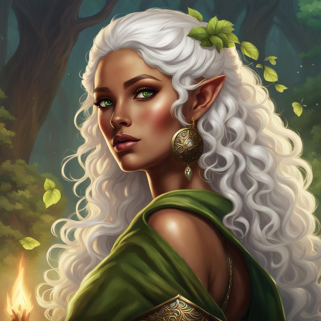 Half-Elf Druid with White Hair, AI Generated Portrait