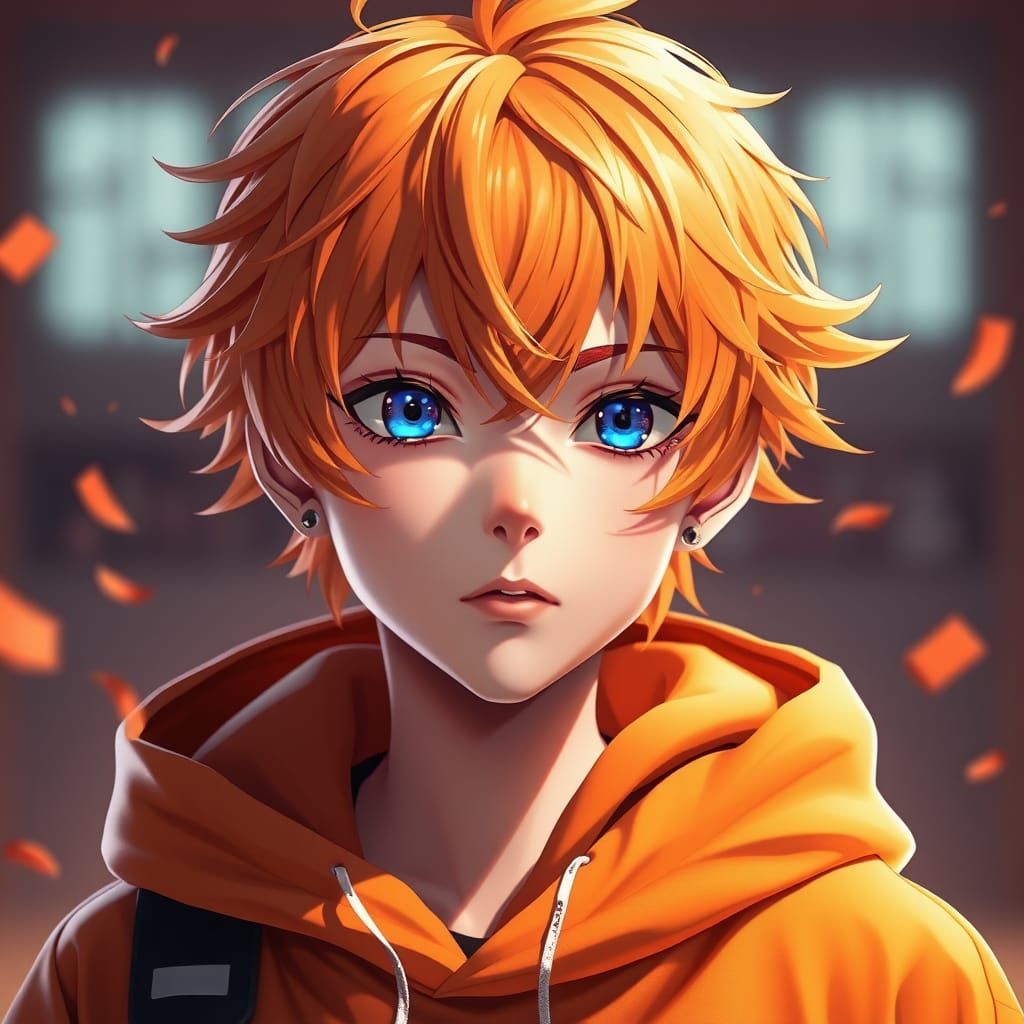 Anime-Inspired Boy with Vibrant Orange Hair and Deep Indigo ...