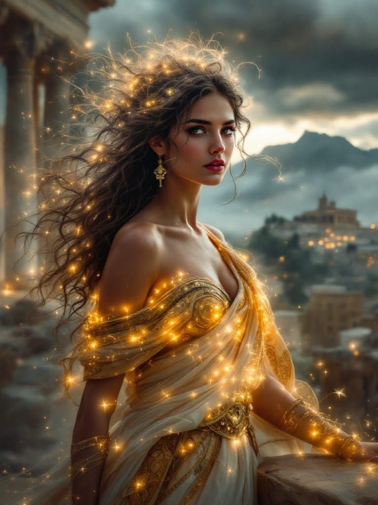 Goddess of Ancient Greece in a Stormy Ethereal Landscape