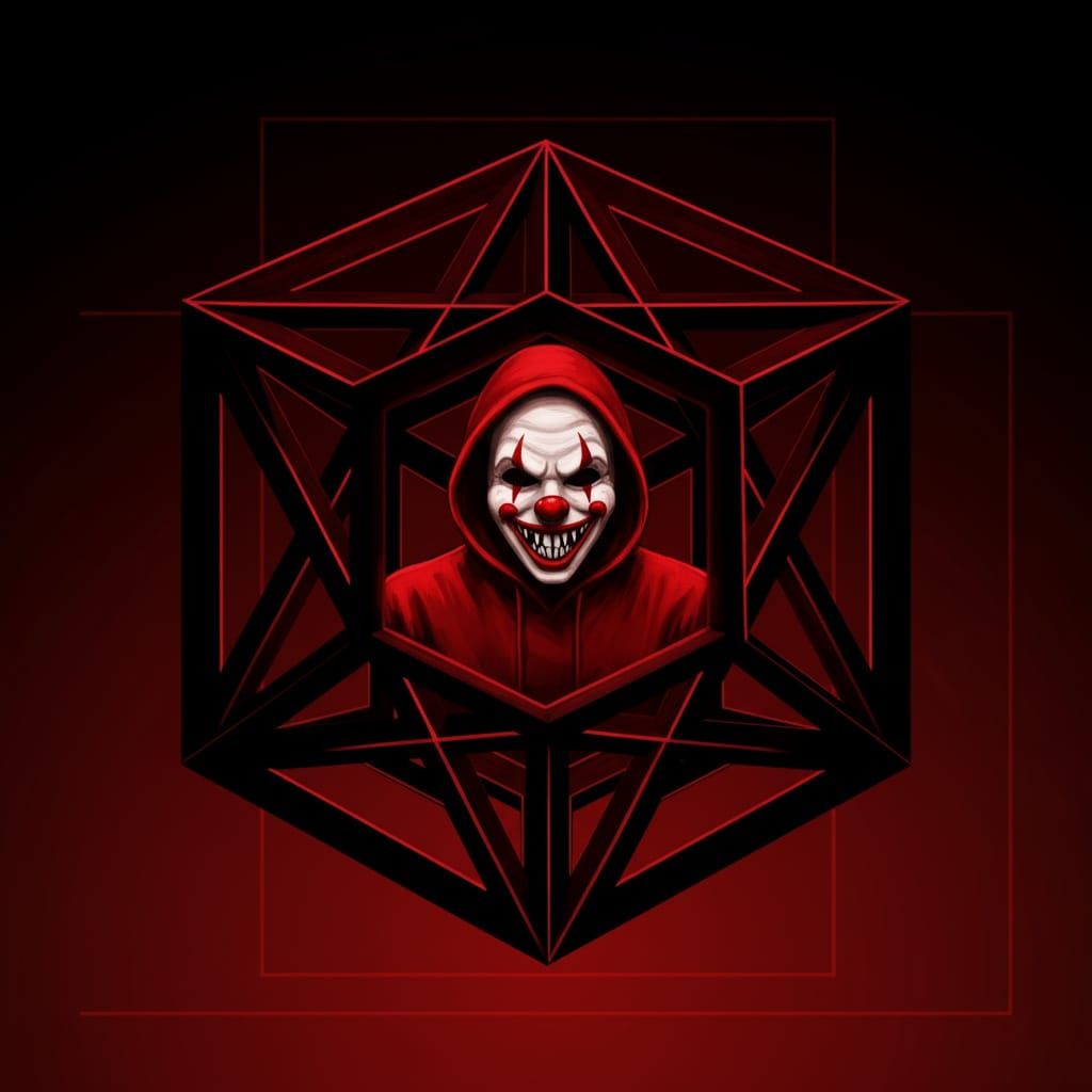 Surreal Red and Black Geometric Cube with Clown Figure