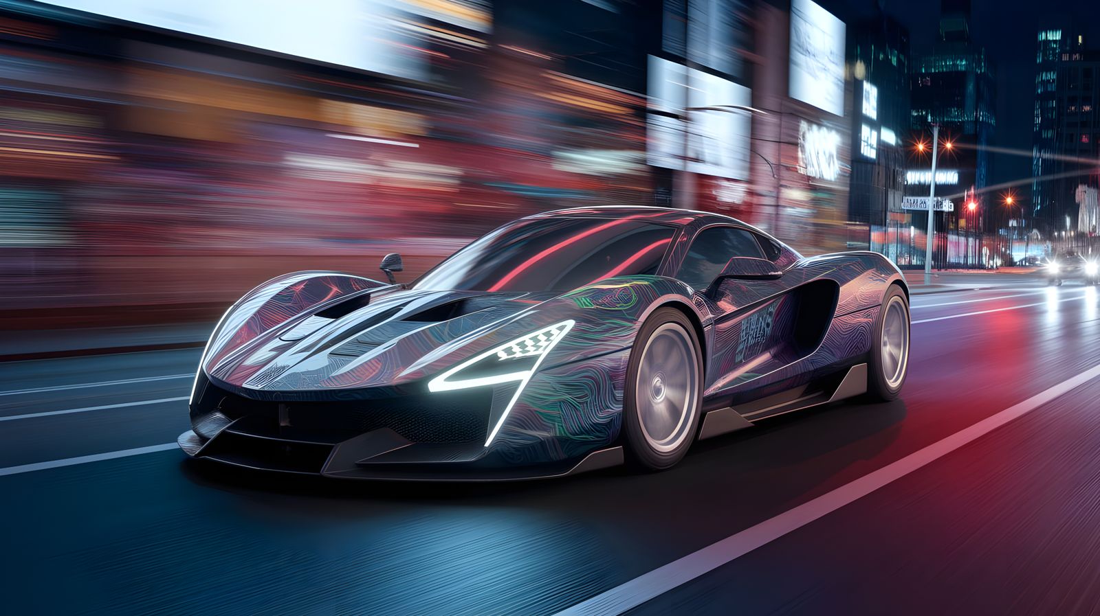 Sleek Cyberpunk Super Car Speeds Down Neon-Lit New York Stre...