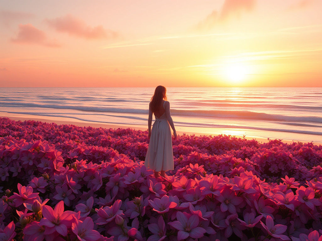 Futuristic Figure Among Pink Flowers on Beach