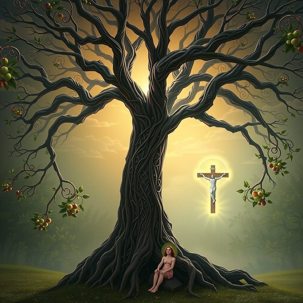 Majestic Tree of Life in Vibrant Landscape with Lady Wisdom