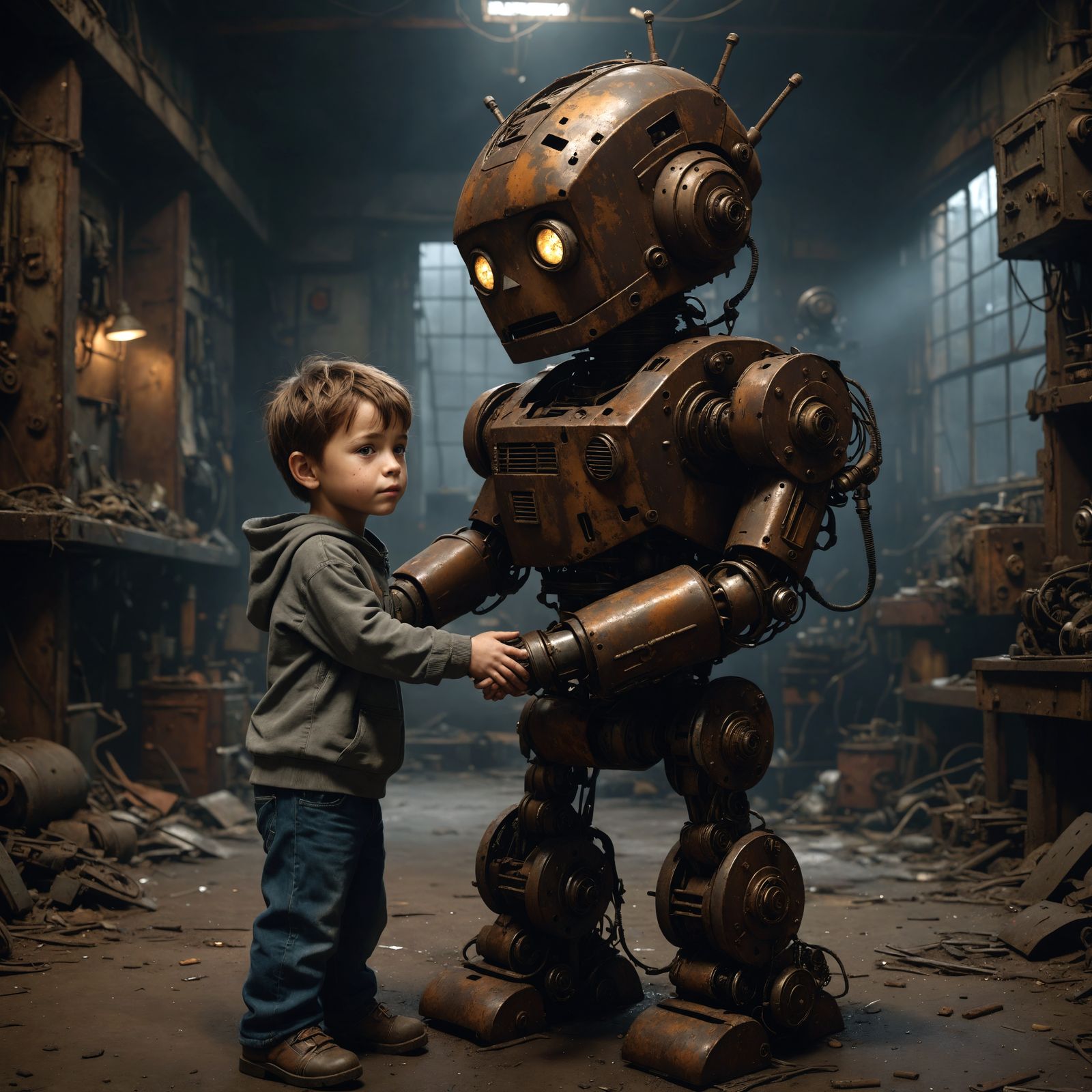 Boy and Robot Hug in Dusty Room