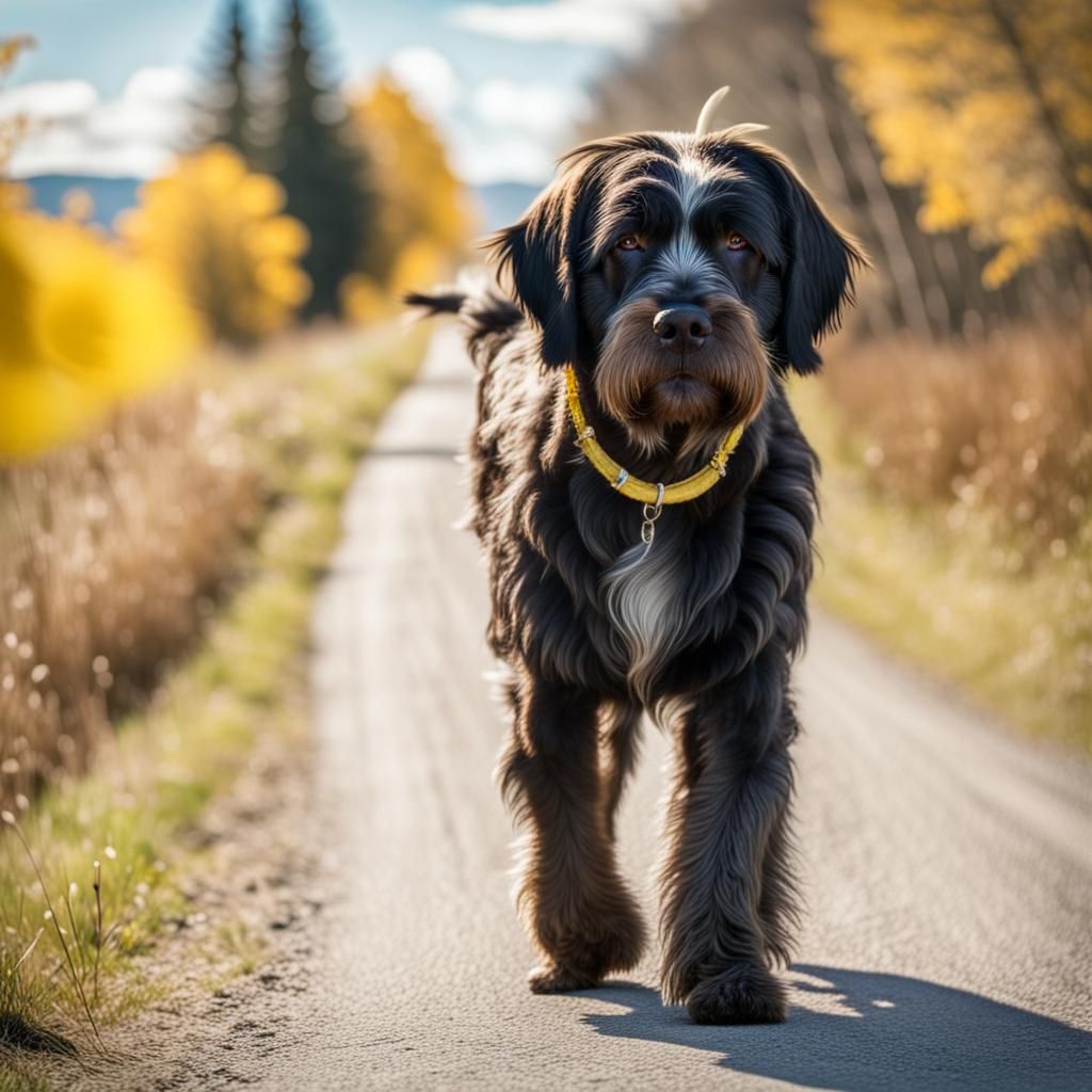 Black Griffon Walks Down Sunny Country Road
