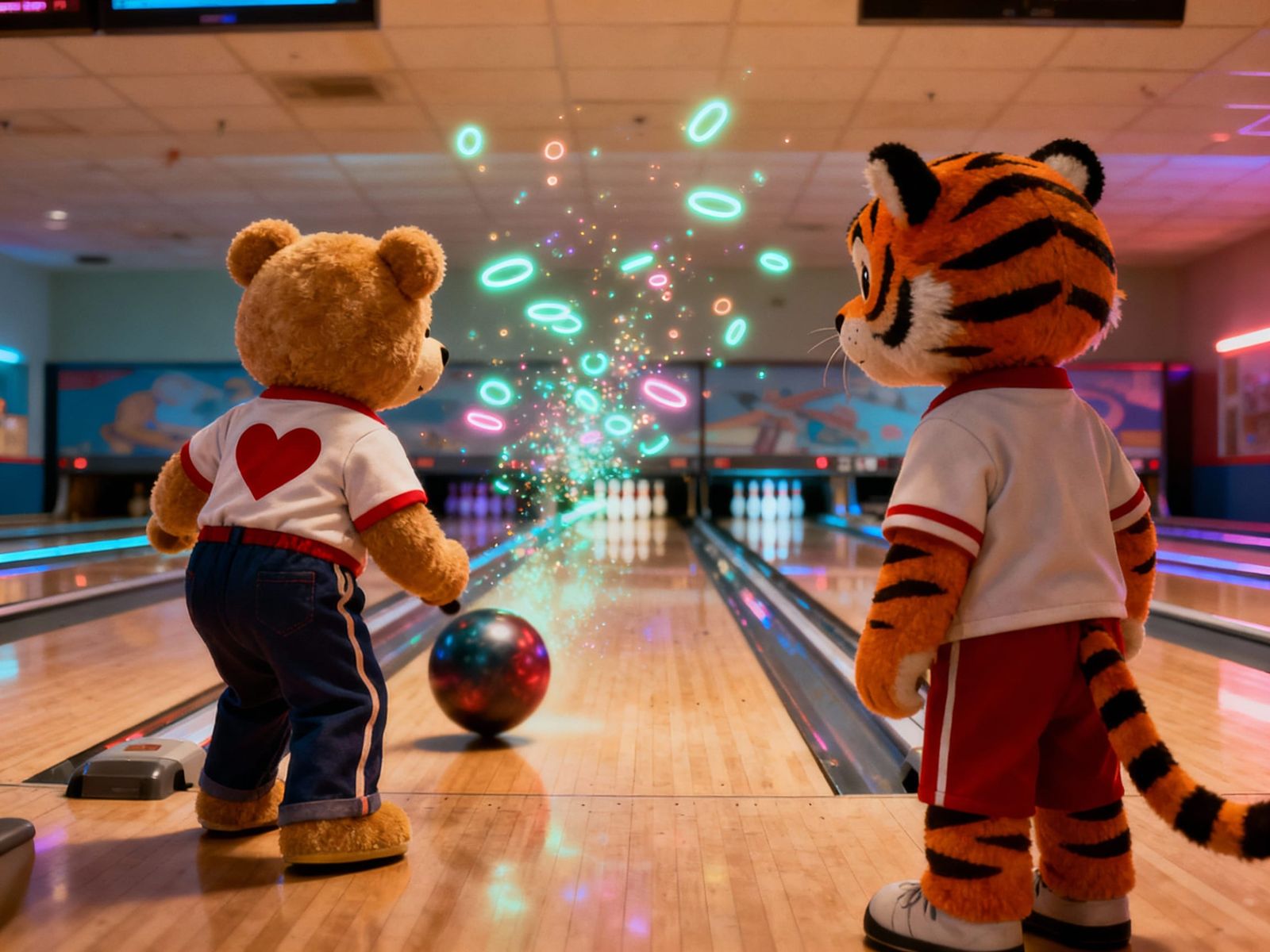 Cute Tiger Kid and Teddy Bear Go Bowling