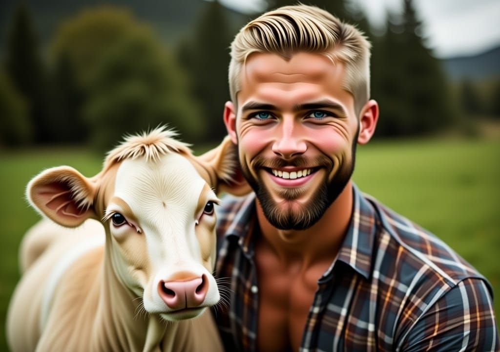 Handsome farmer with his cow.