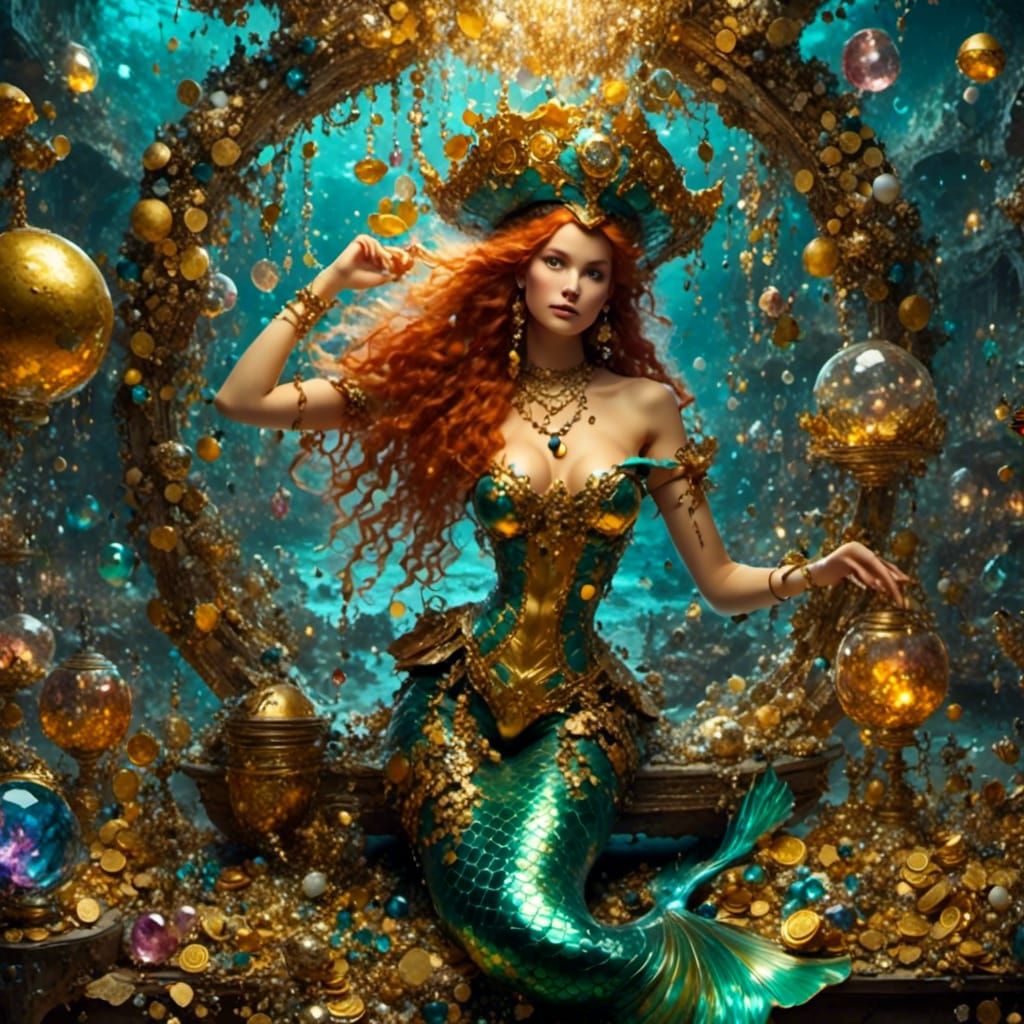 Beautiful Mermaid with Pirate Treasure and Jewels
