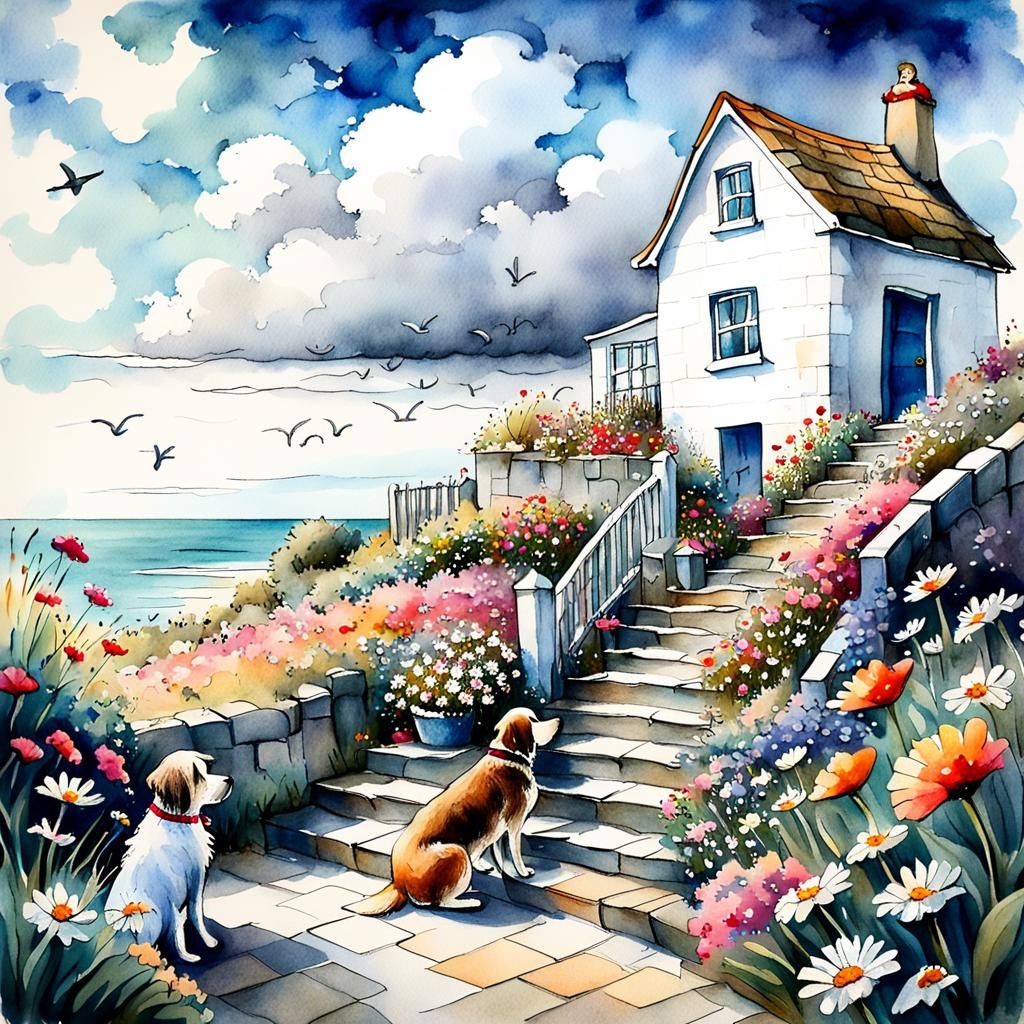 Whimsical Cottage Scene in Cartoon Watercolor Style