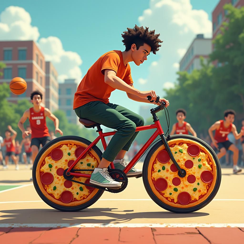 Man Rides Pizza Bicycle on Basketball Court