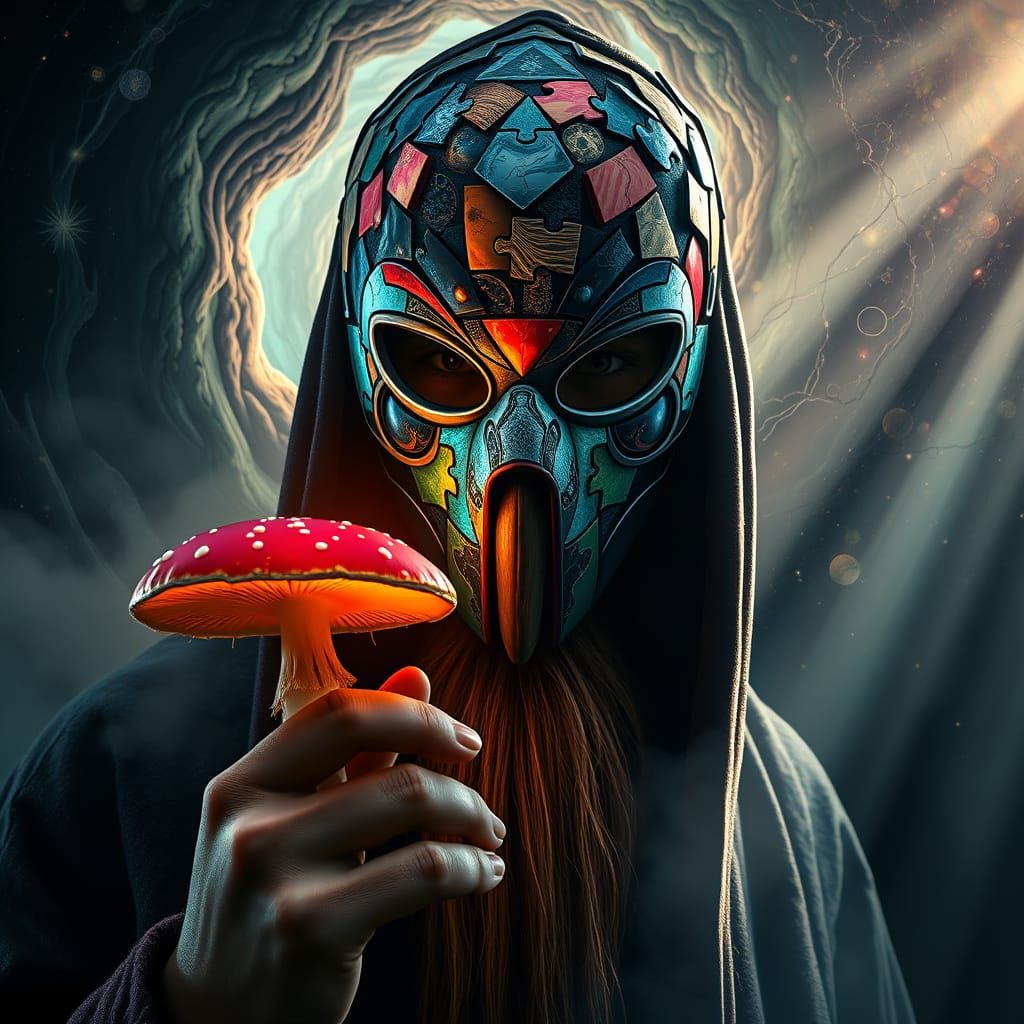 Mystical Shaman with Glowing Mushroom in Cosmic Swirls