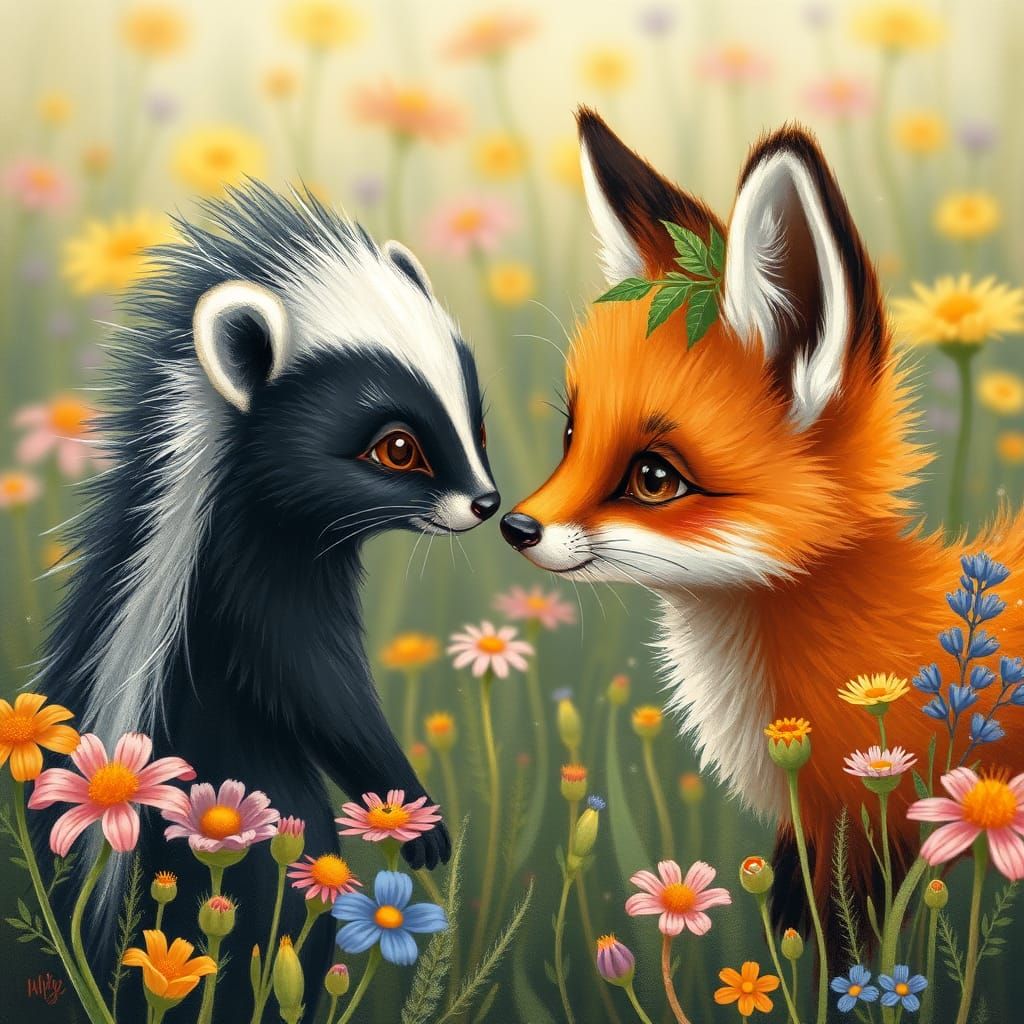 Fox and Skunk Meet in Wildflower Field