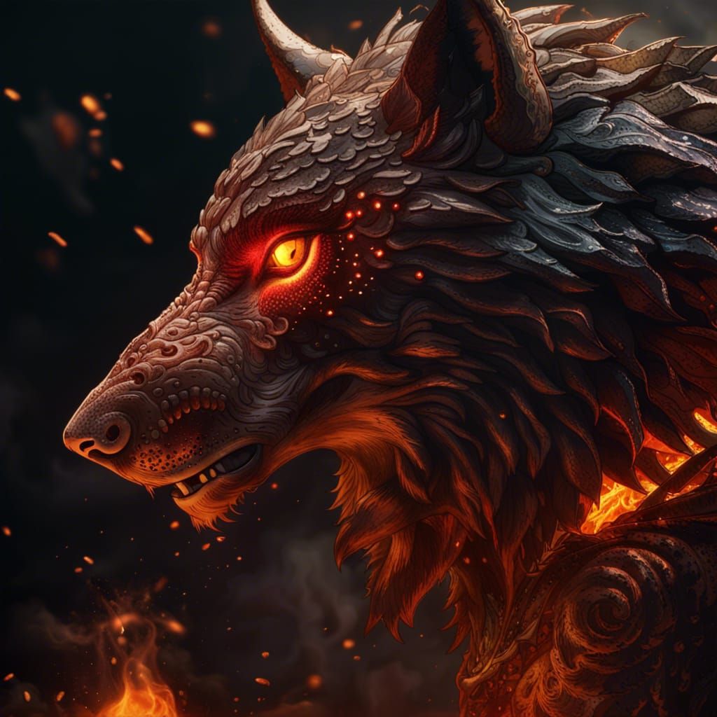 Fiery Wolf in Dark Fantasy Style