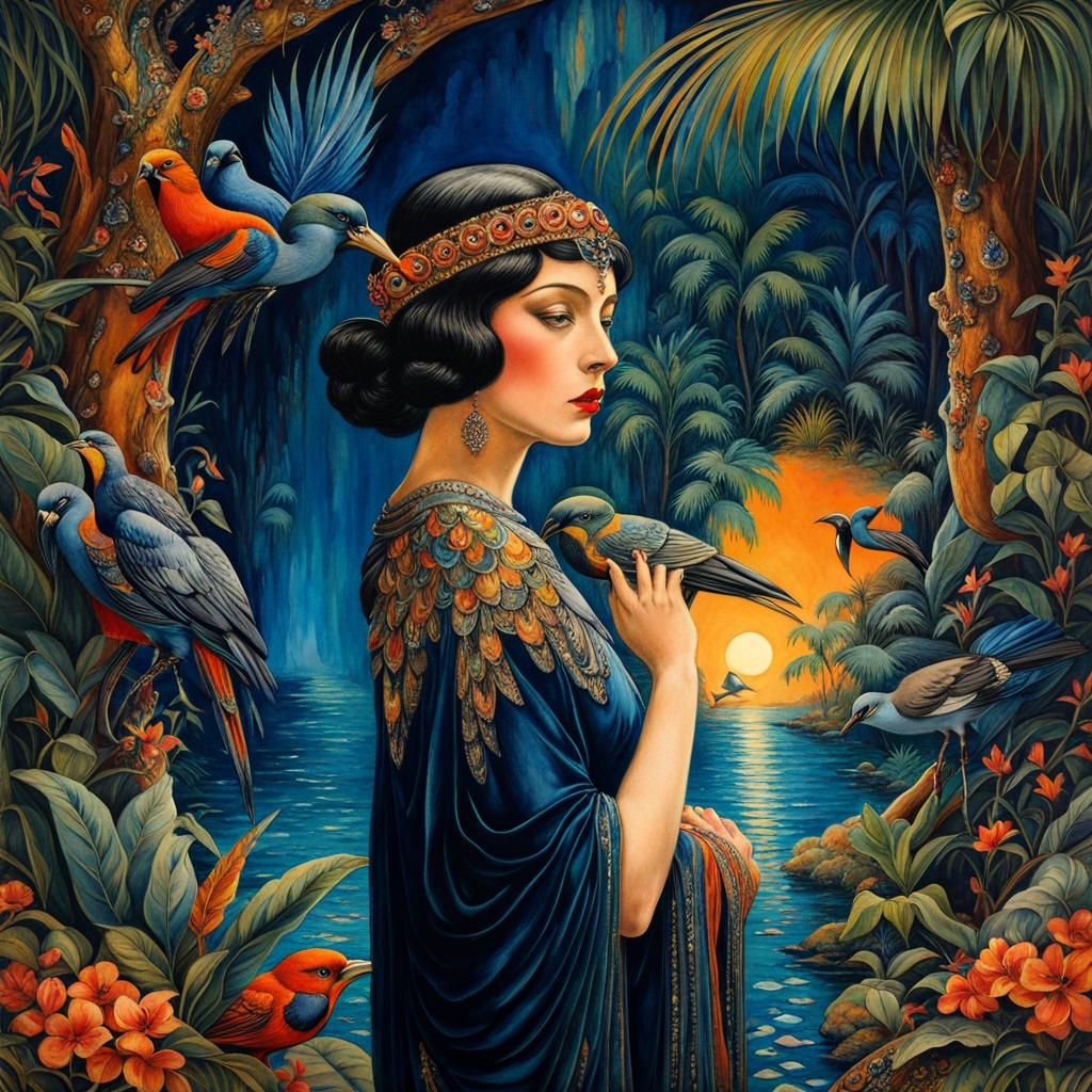 1920s Noir Tropical Bird Paradise in Watercolour