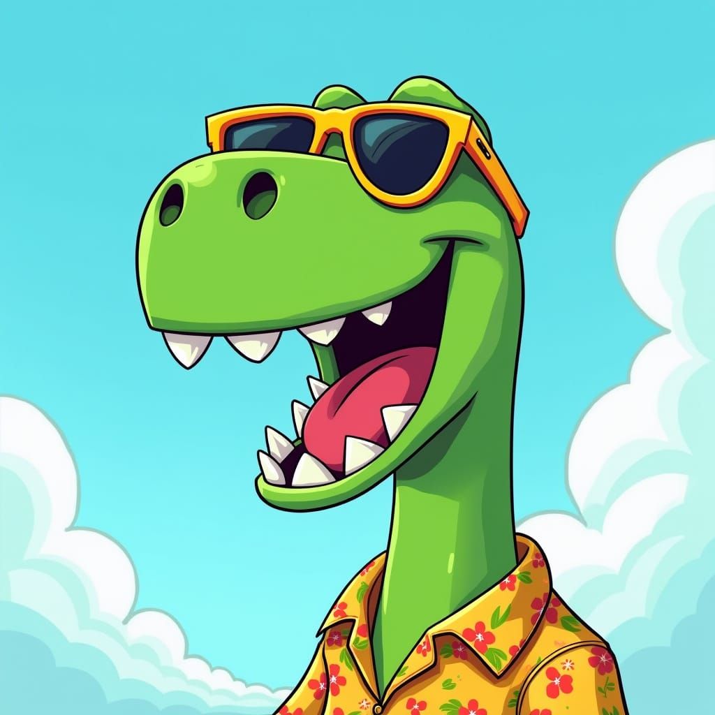 Vibrant Cartoon Green Dinosaur in Hawaiian Shirts