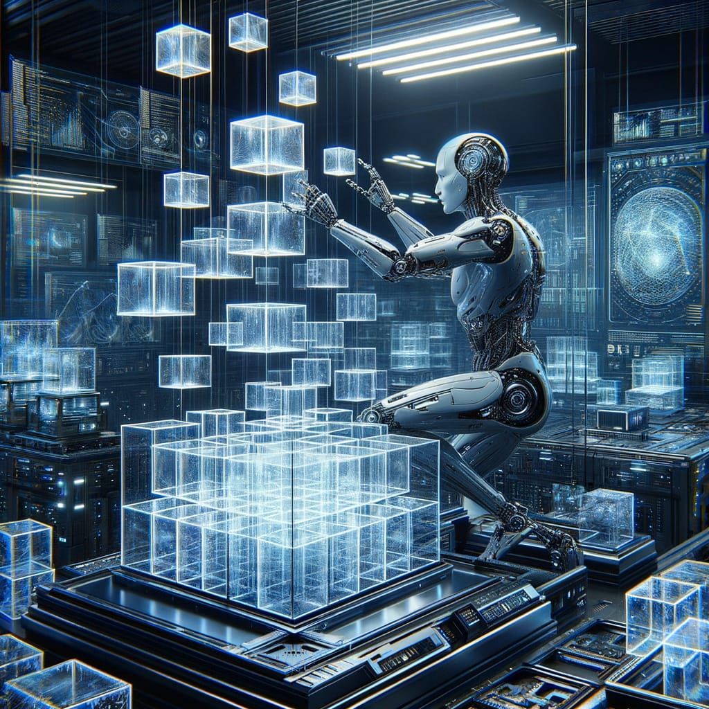 Humanoid Robot Assembling Data Blocks in Futuristic Lab