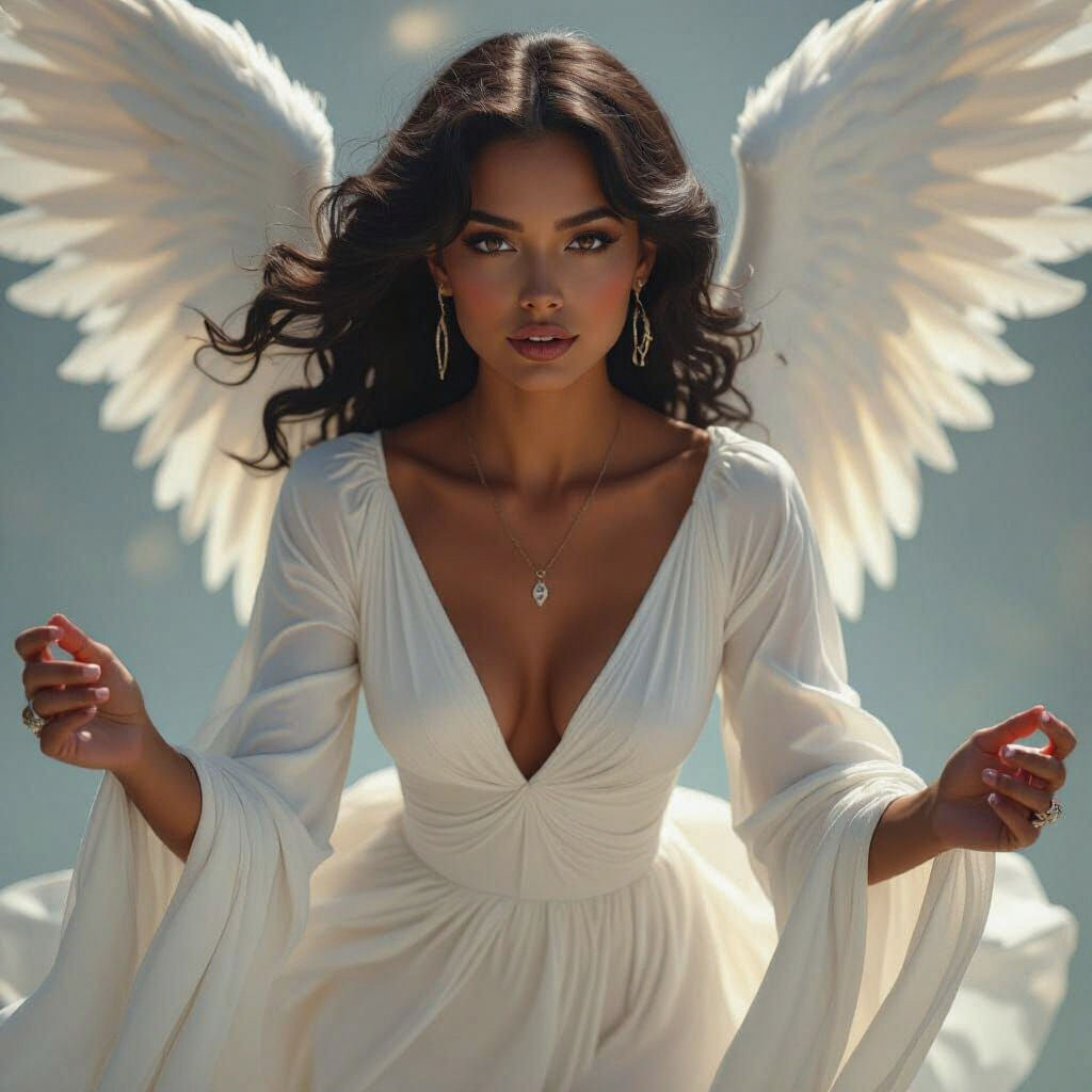 Ethereal Angel Woman in Flowing Silk Dress