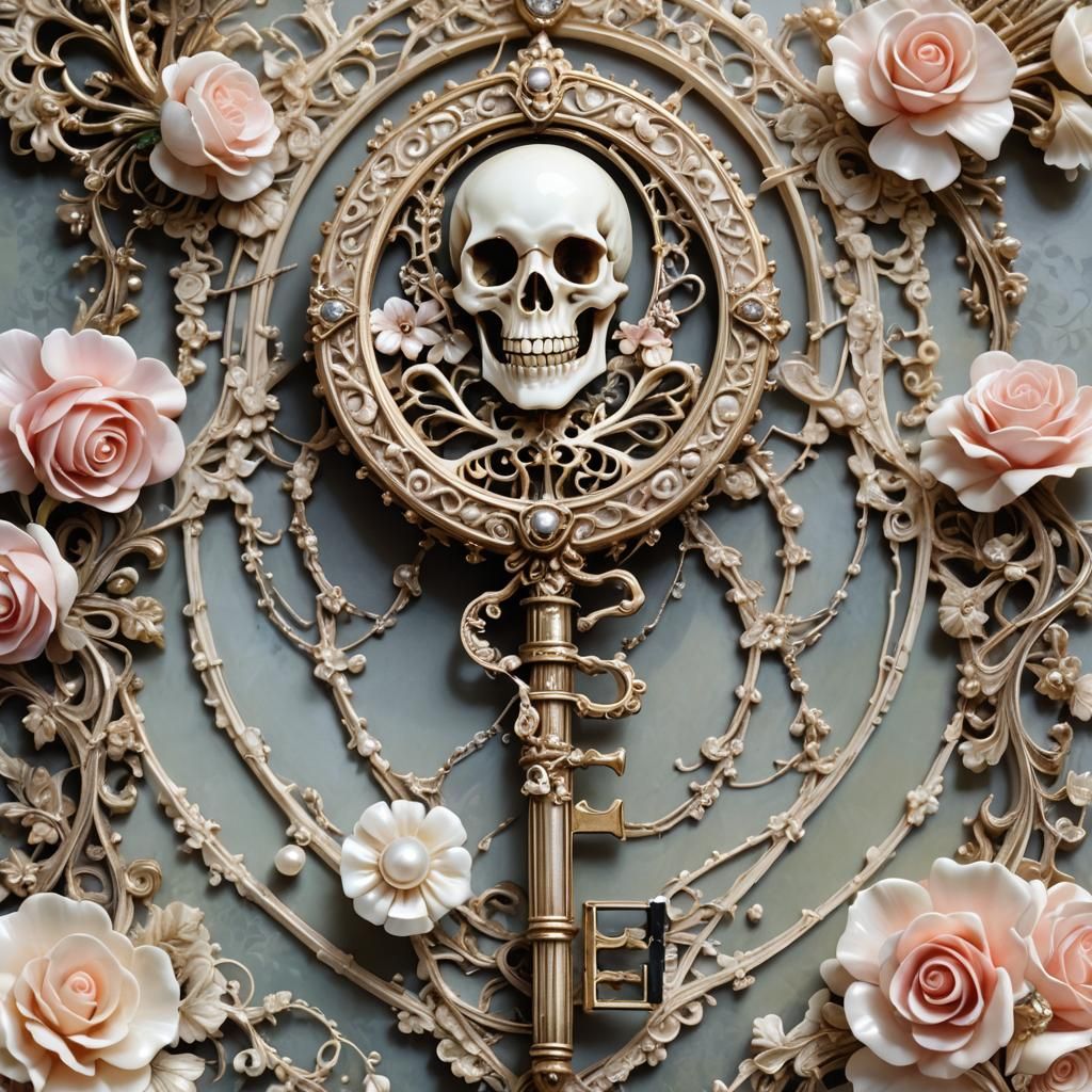 Rococo Skeleton Key with Pearls in Impressionist Style
