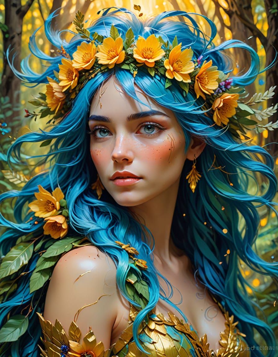 Blue-Haired Goddess with Floral Crown as Impressionistic Pai...