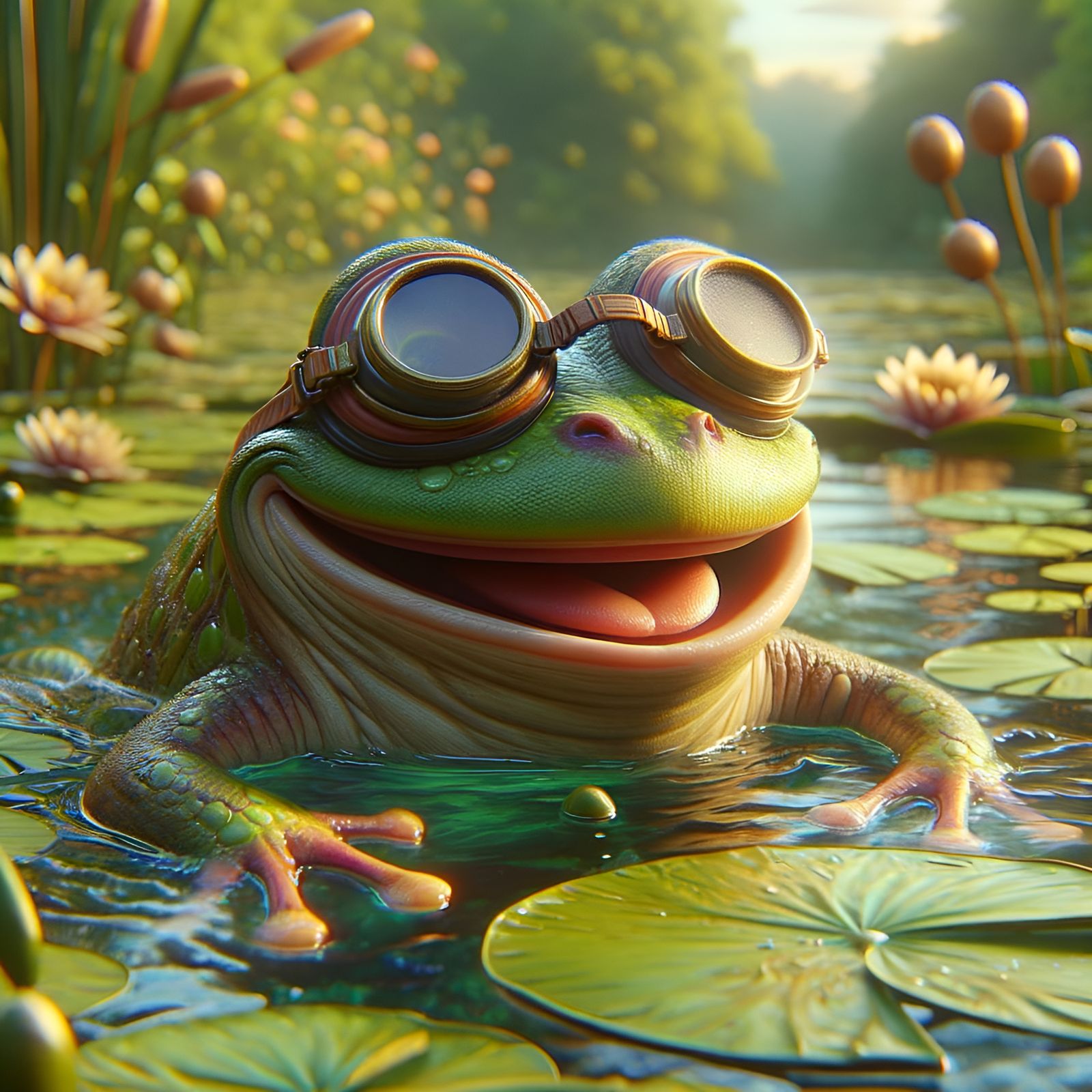Joyful 3D Frog with Goggles in Oil Painting Style