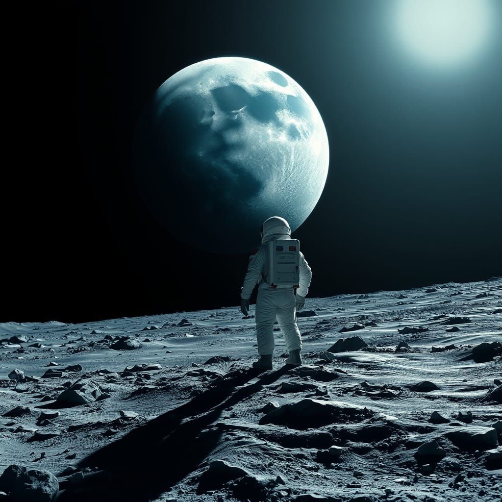 Lone Astronaut on Moon Gazing at Earth
