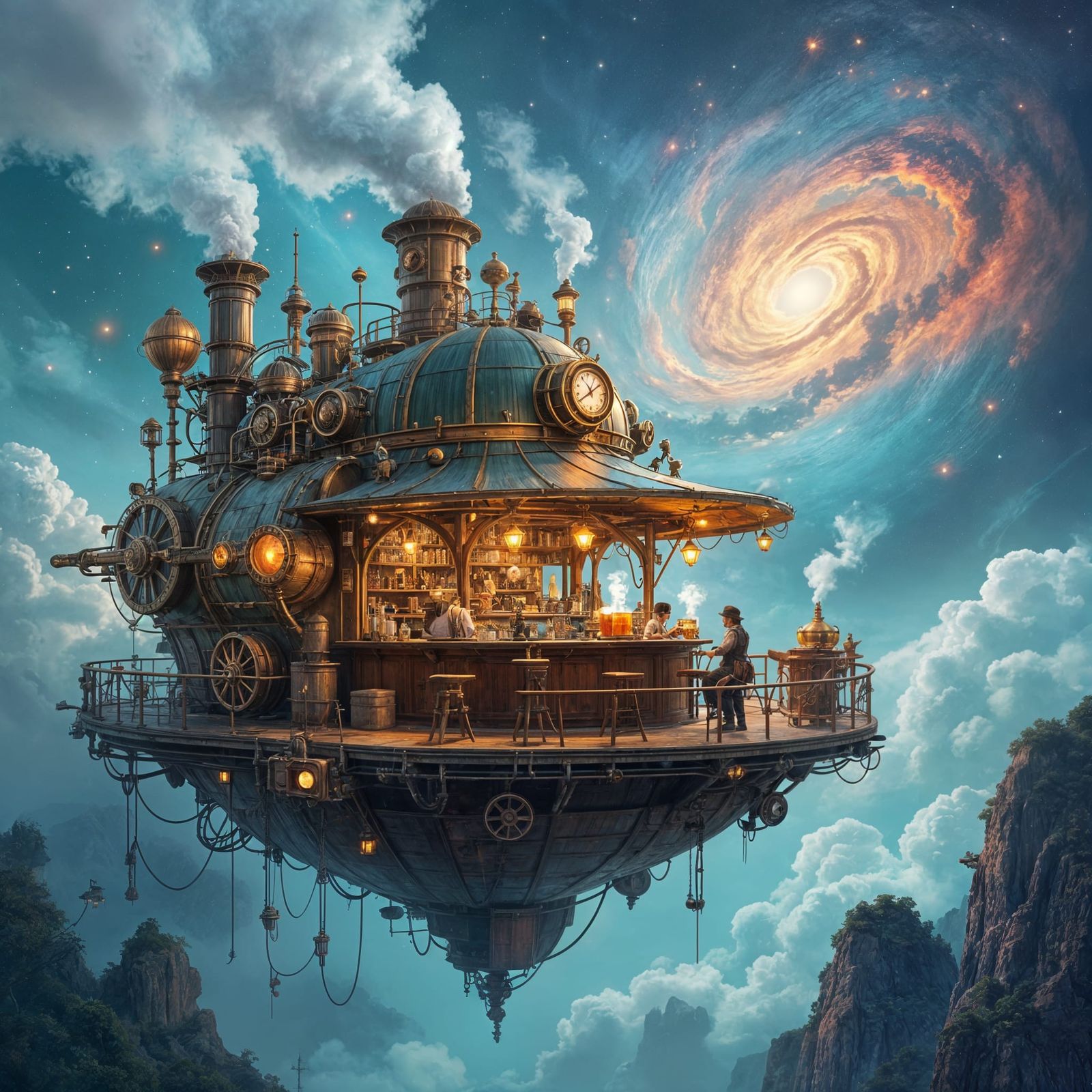 Steampunk Cafe on Floating Island with Airship Dock