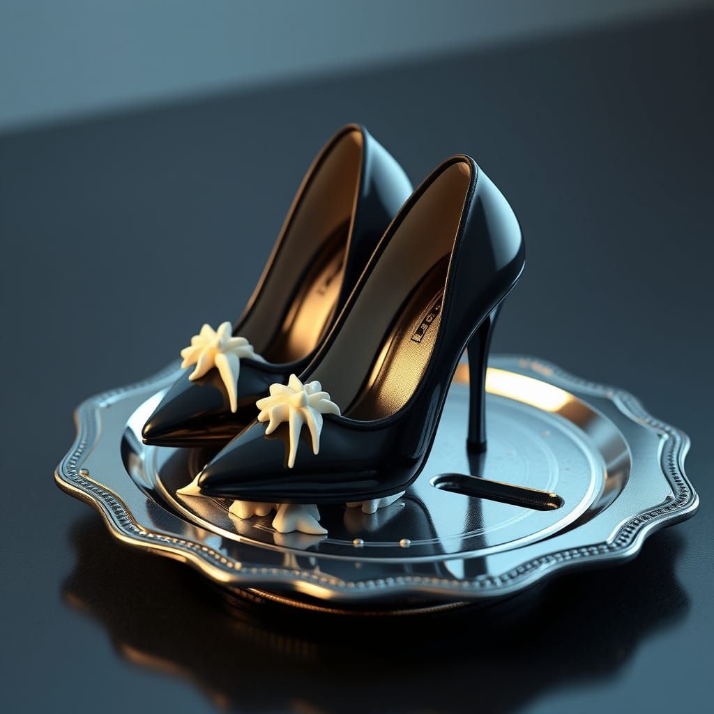 Cake Stiletto Heels on Silver Platter, 3D Render
