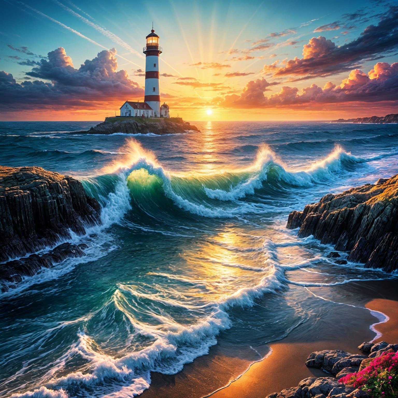 Vibrant Sunset Seascape with Lighthouse