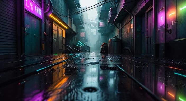 Rain-Soaked Cyberpunk Alleyway with Neon Reflections