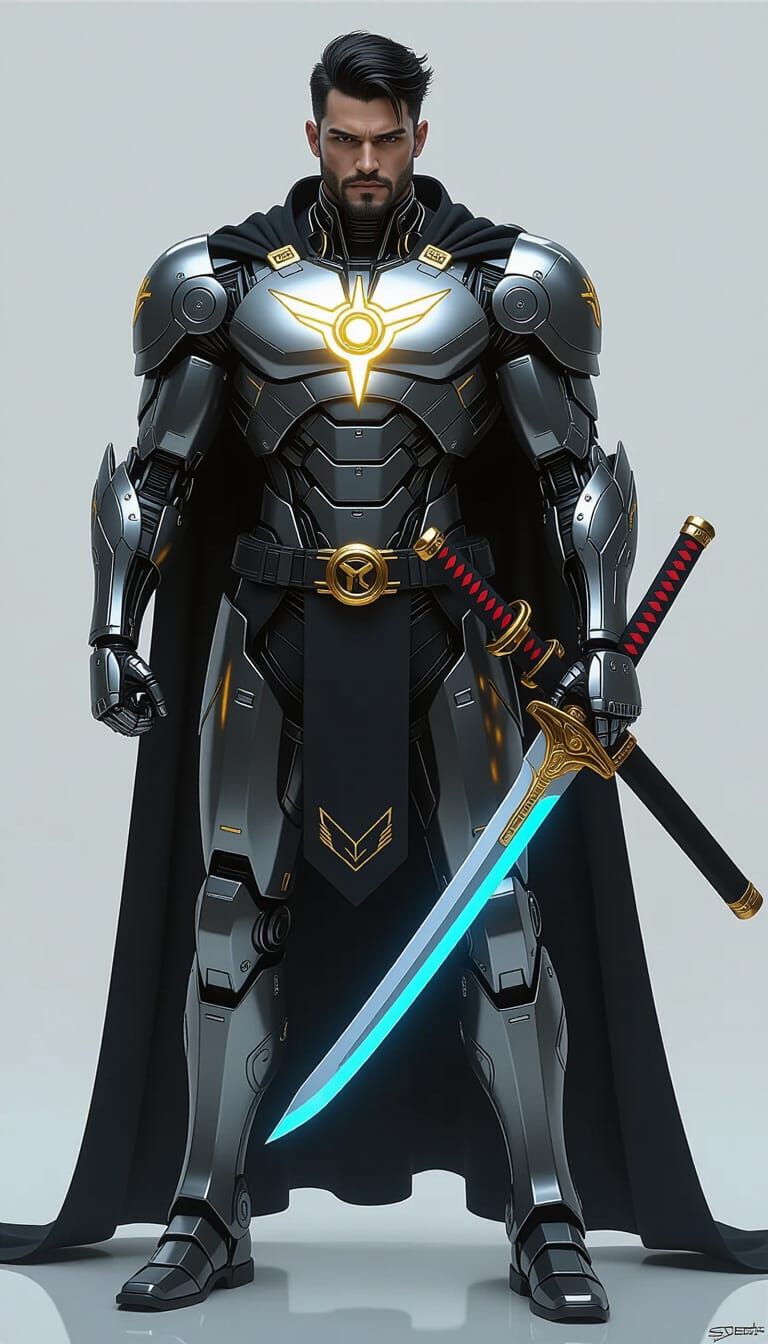 Cybernetic Hero with Samurai Sword and Shield