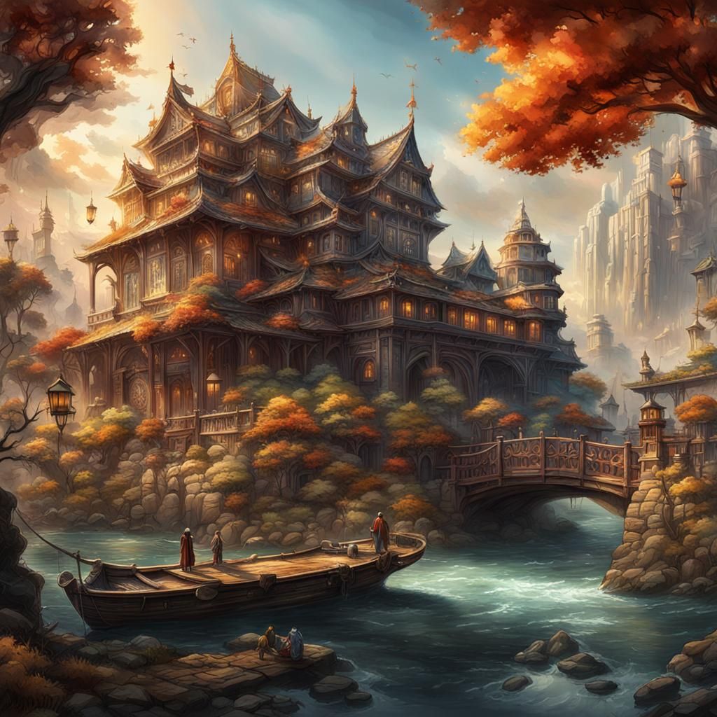 Detailed Fantasy Landscape in Watercolor and Ink