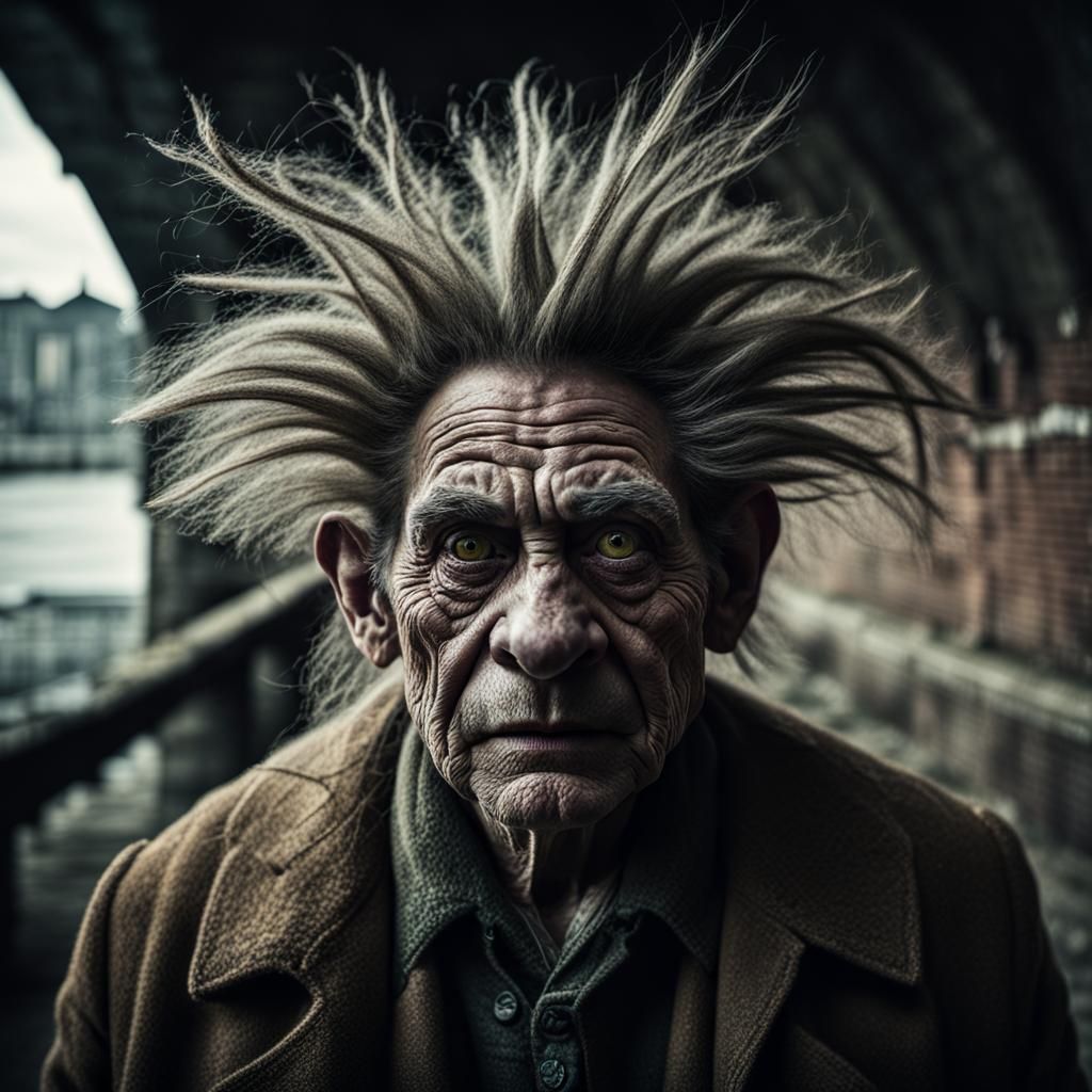 Menacing Troll Portrait Under Bridge, Bizarre Hair