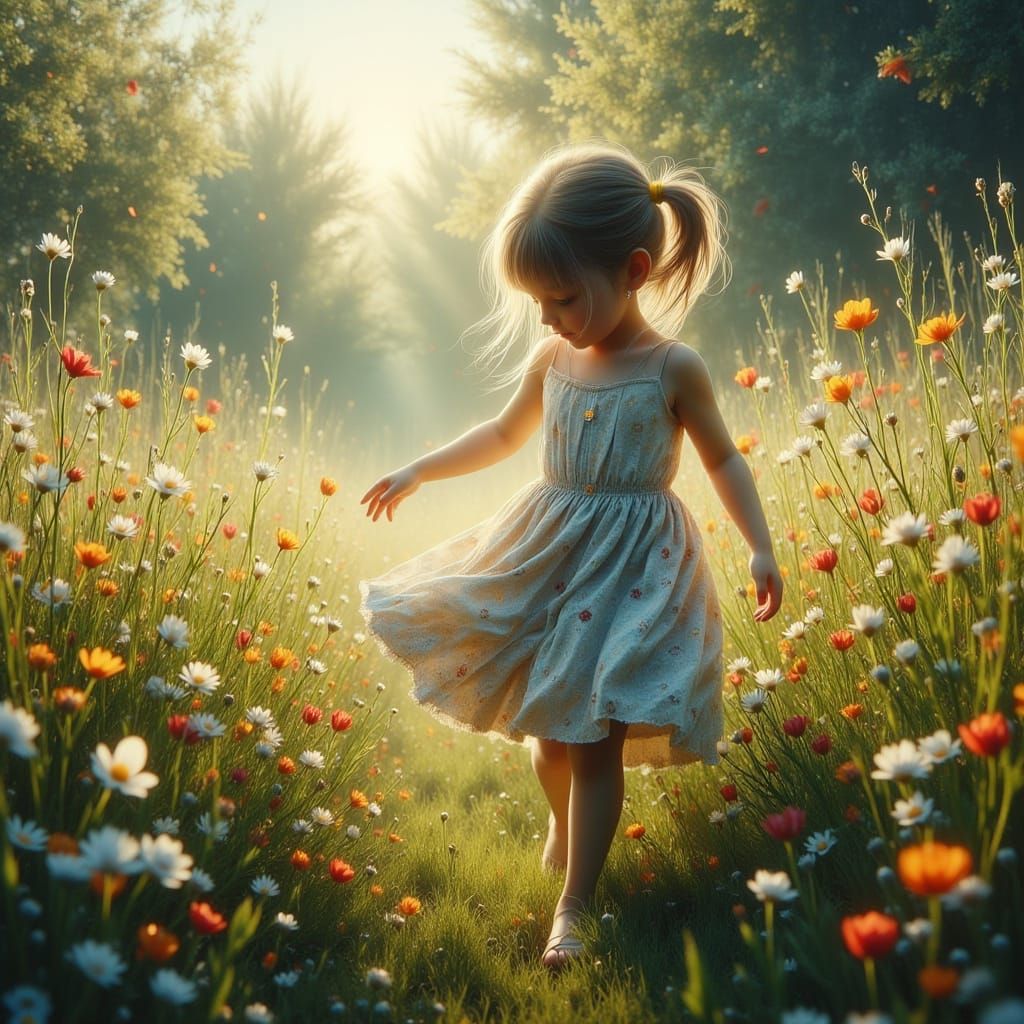Girl in Sundress in Wildflower Meadow