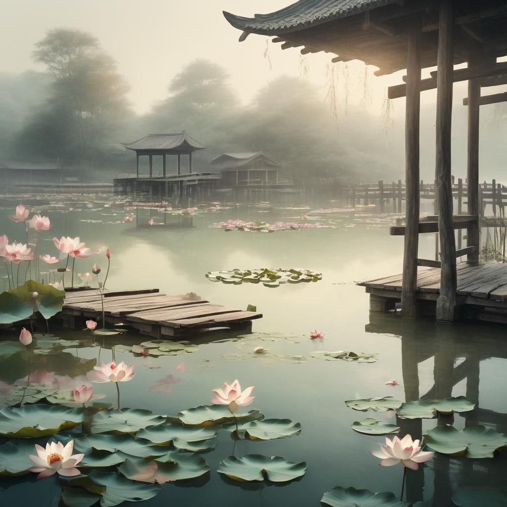 Serene Lotus Pond in Ancient Chinese Watercolor Style