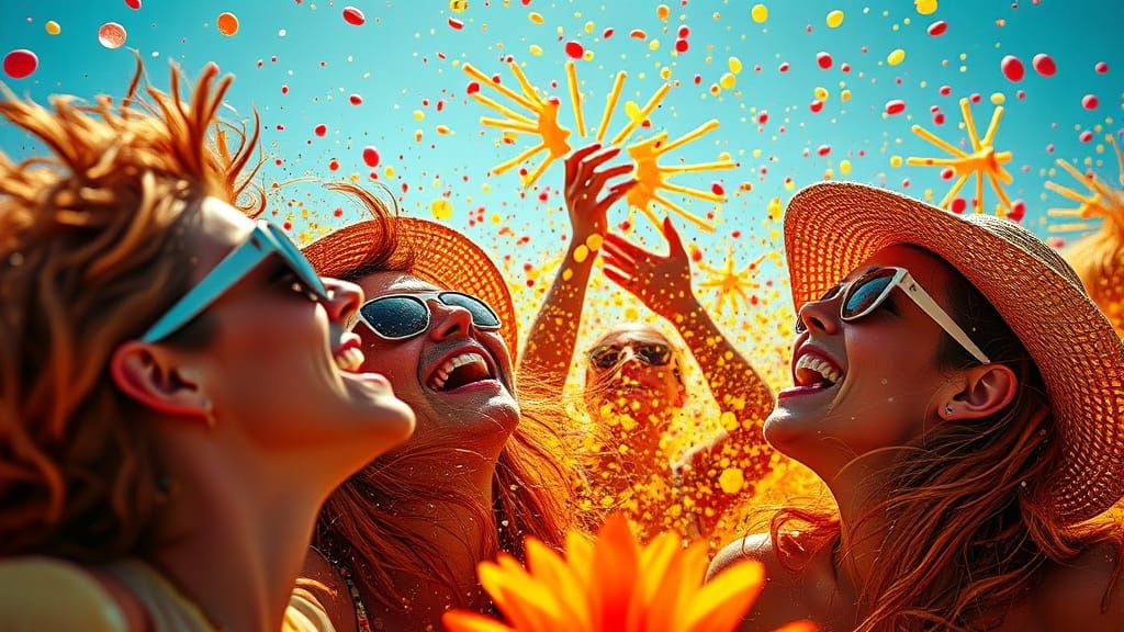 Vibrant Summer Oasis in Whimsical Oil Gouache Style