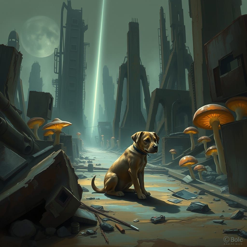Puppy in Post-Apocalyptic Cityscape Oil Painting