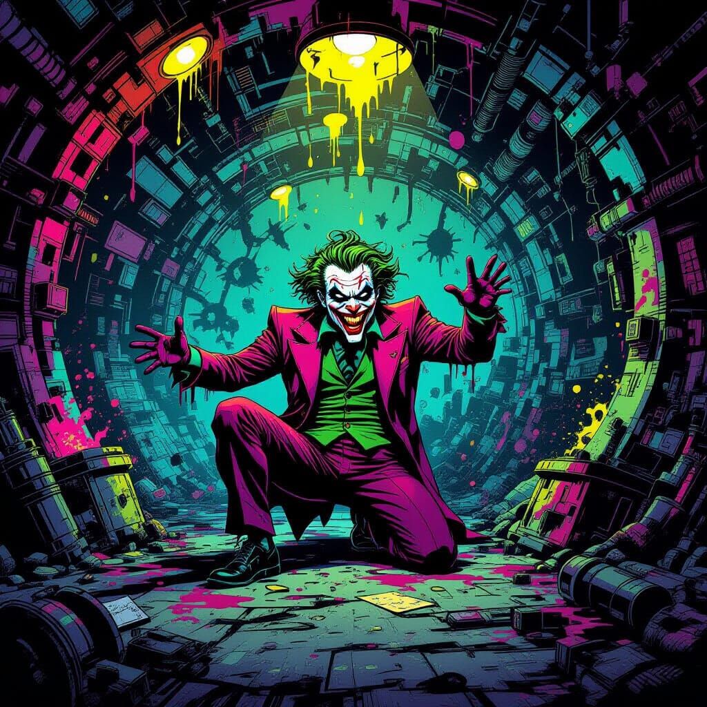 Joker's Chaotic Supervillain Lair in Graphic Novel Style