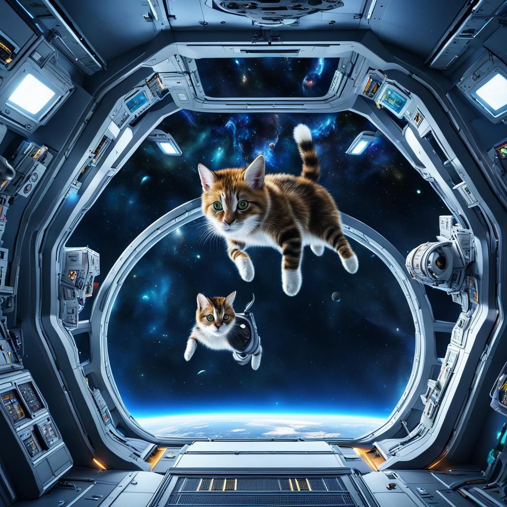 Cats Floating in Zero Gravity: Detailed Matte Painting