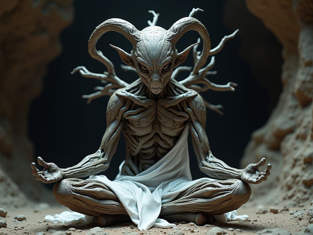 Melancholic Alien of Branches in Dramatic Cave Light